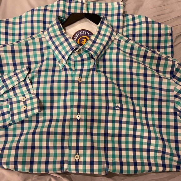🆕 Southern Tide Gingham Button Down Shirt - White w/ Blue & Green - Picture 11 of 13